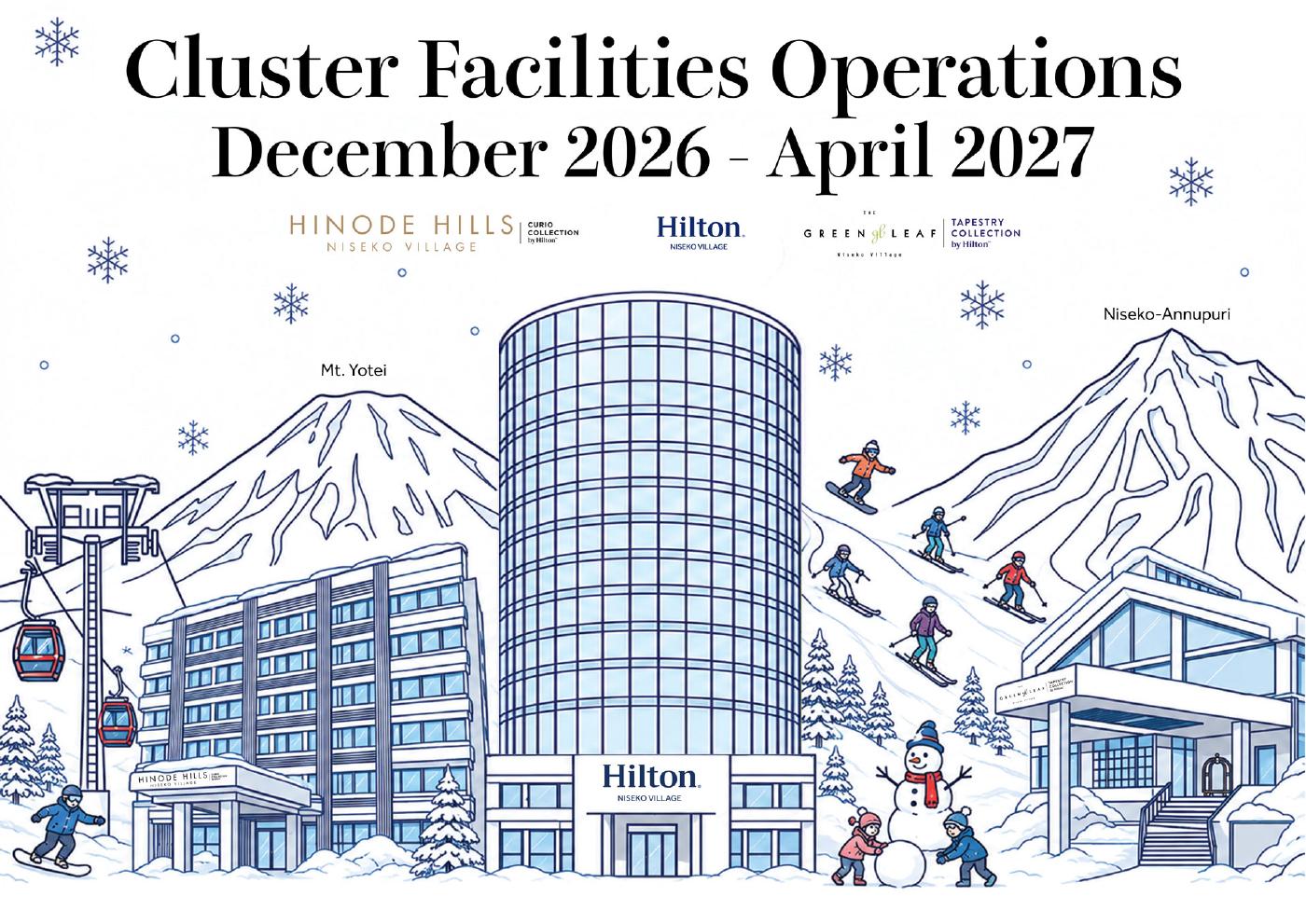 Winter illustration of Hilton Niseko Village, Hinode Hills and The Green Leaf beneath Mount Yotei and Niseko-Annupuri.